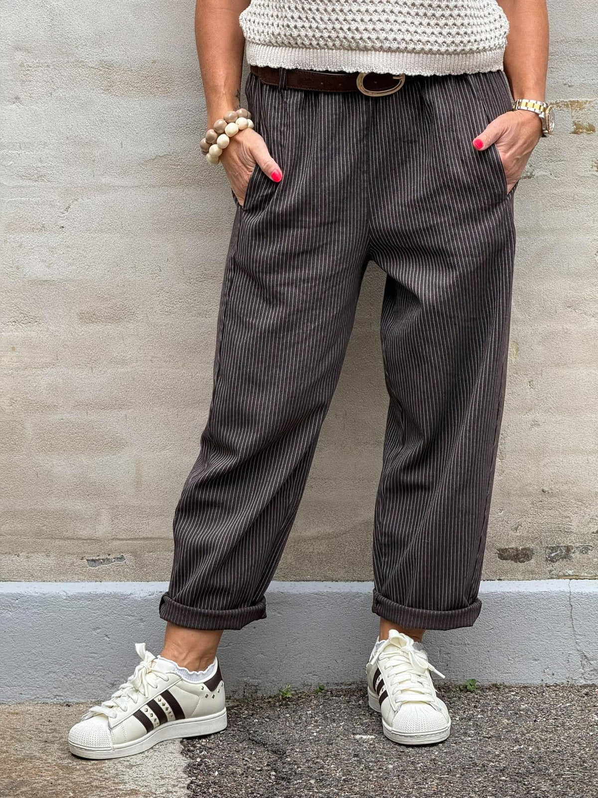 Paola Striped Pants - Dark Brown Striped