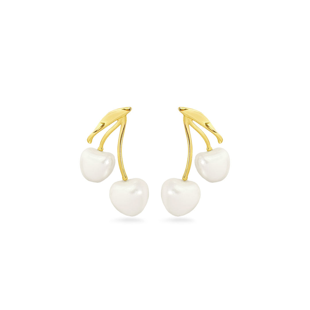 White Cherry Earings - Gold Pearl