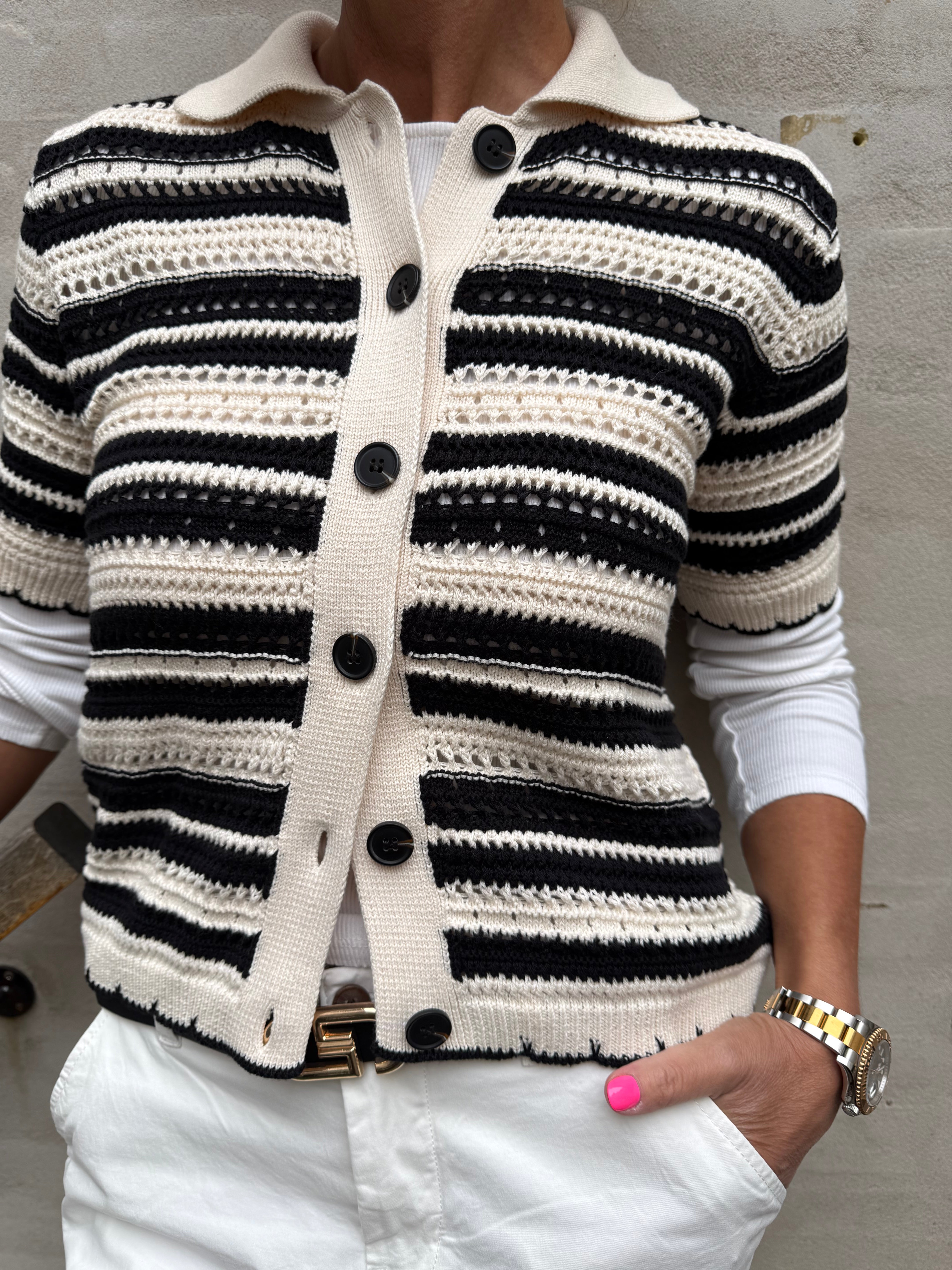 OdetteCC Stripe SS Cardigan - OffWhite-Black