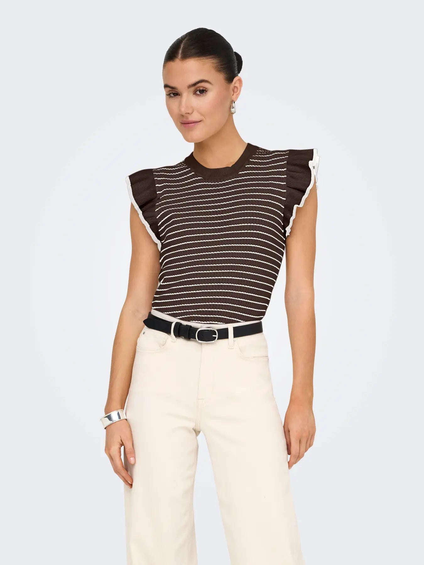 CARICE S/L FRILL PULLOVER - Chocolate Brown/W. CLOUD DANCER