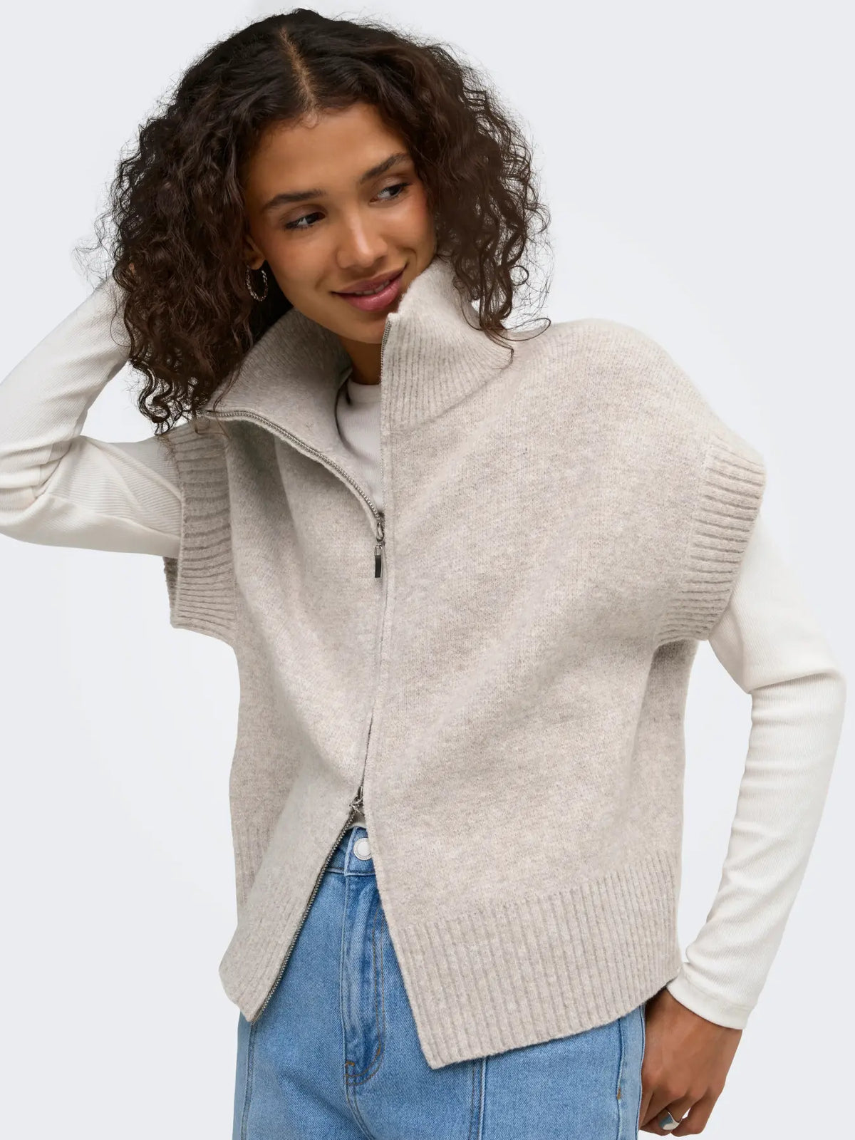 Lea S/L HN 2way Zip Vest Knt - Natural Melange