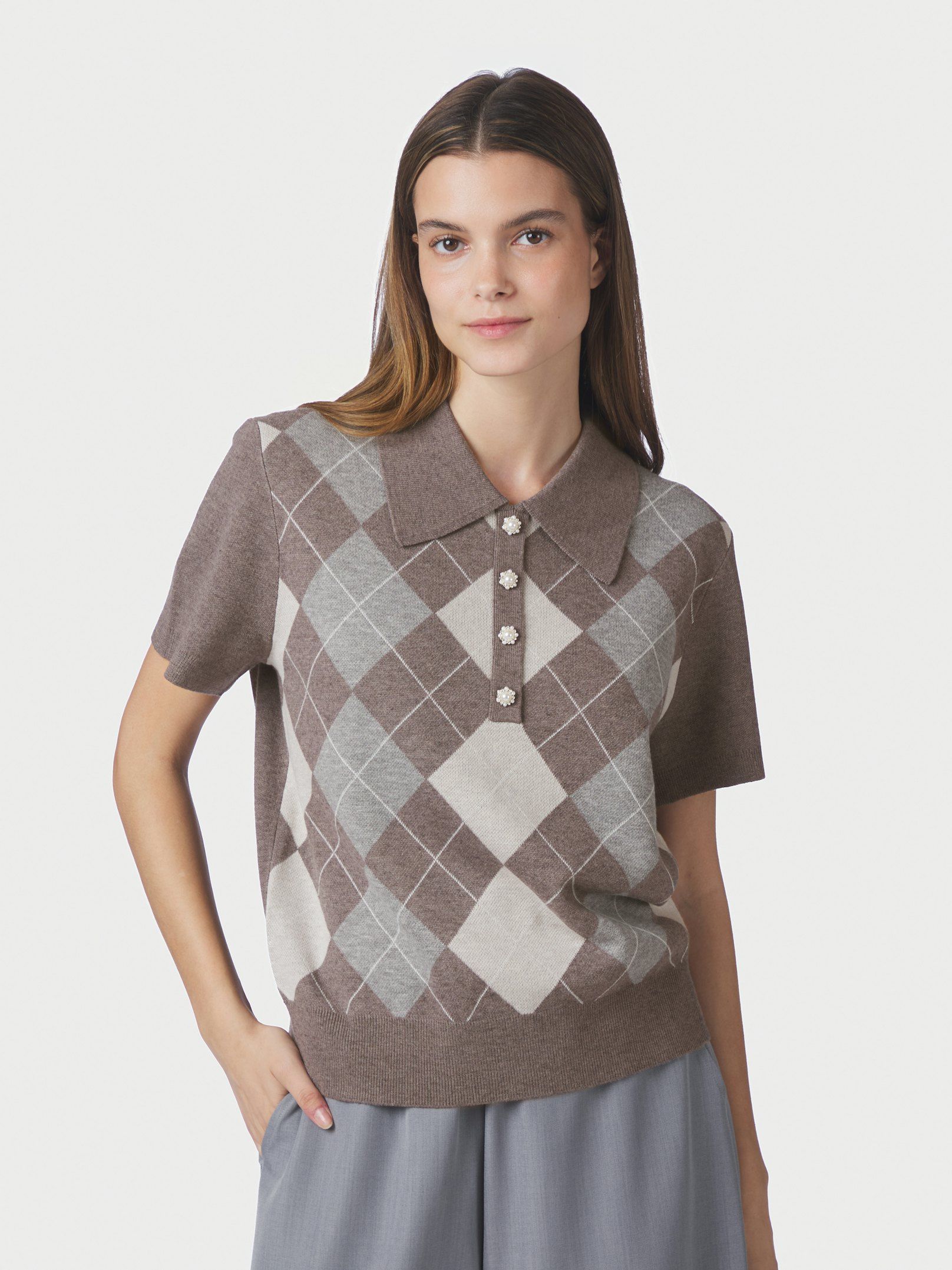 Gia Check Knit Blouse - Dark Taupe
