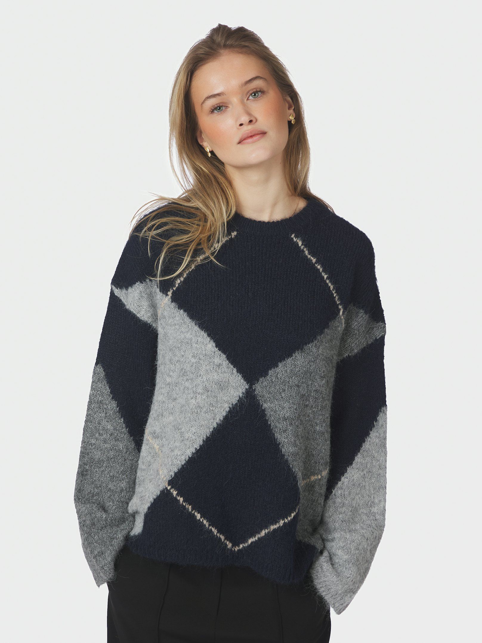 Inga Check Fluff Knit Blouse - Navy