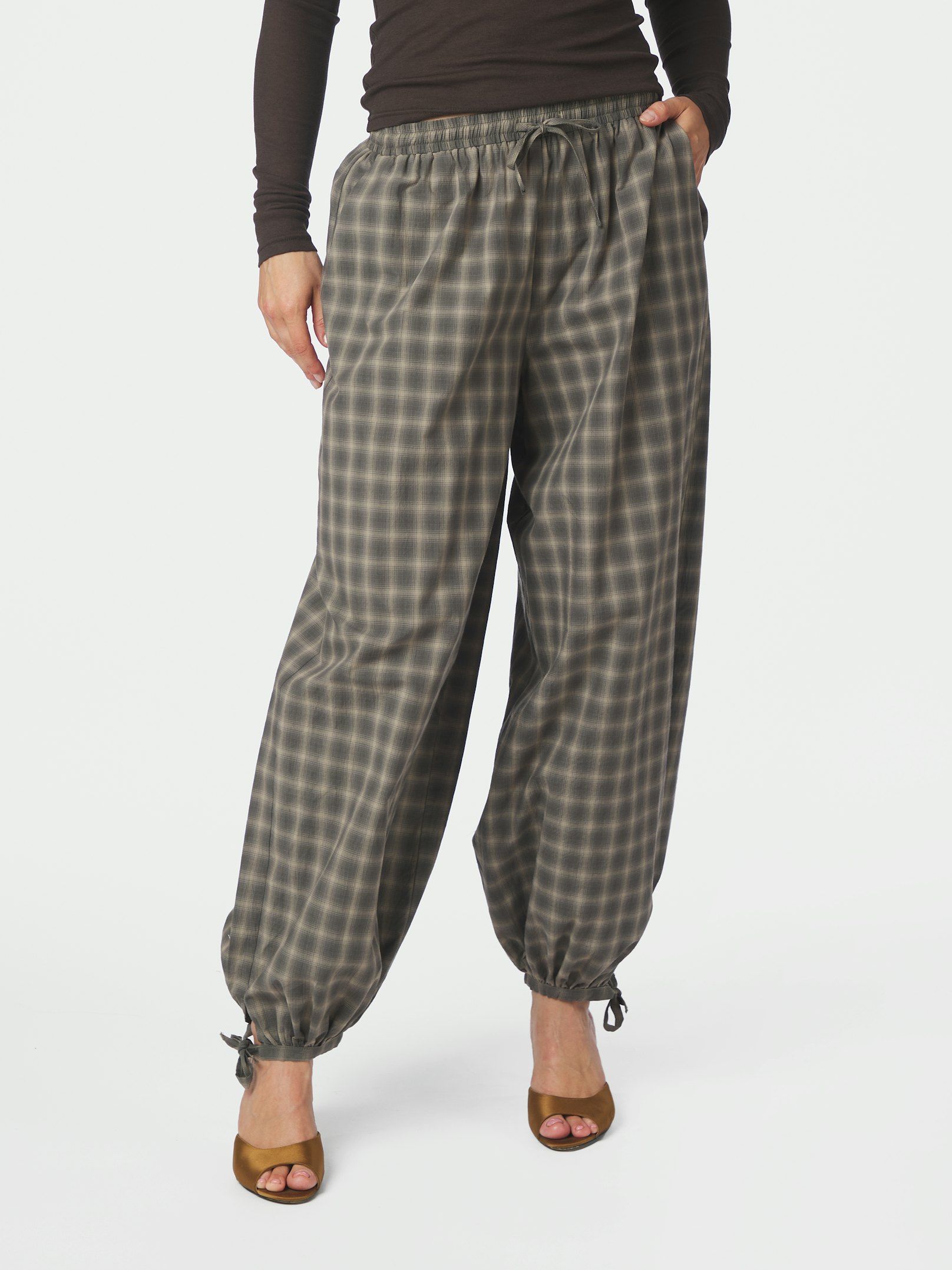 Roxane Balloon Checked Pants - Dusty Army