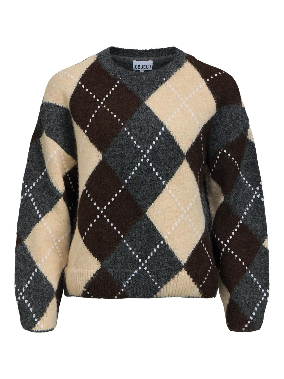 BRENDA LS LO O-NECK PULLOVER - Medium Grey Melange/Seal Brown