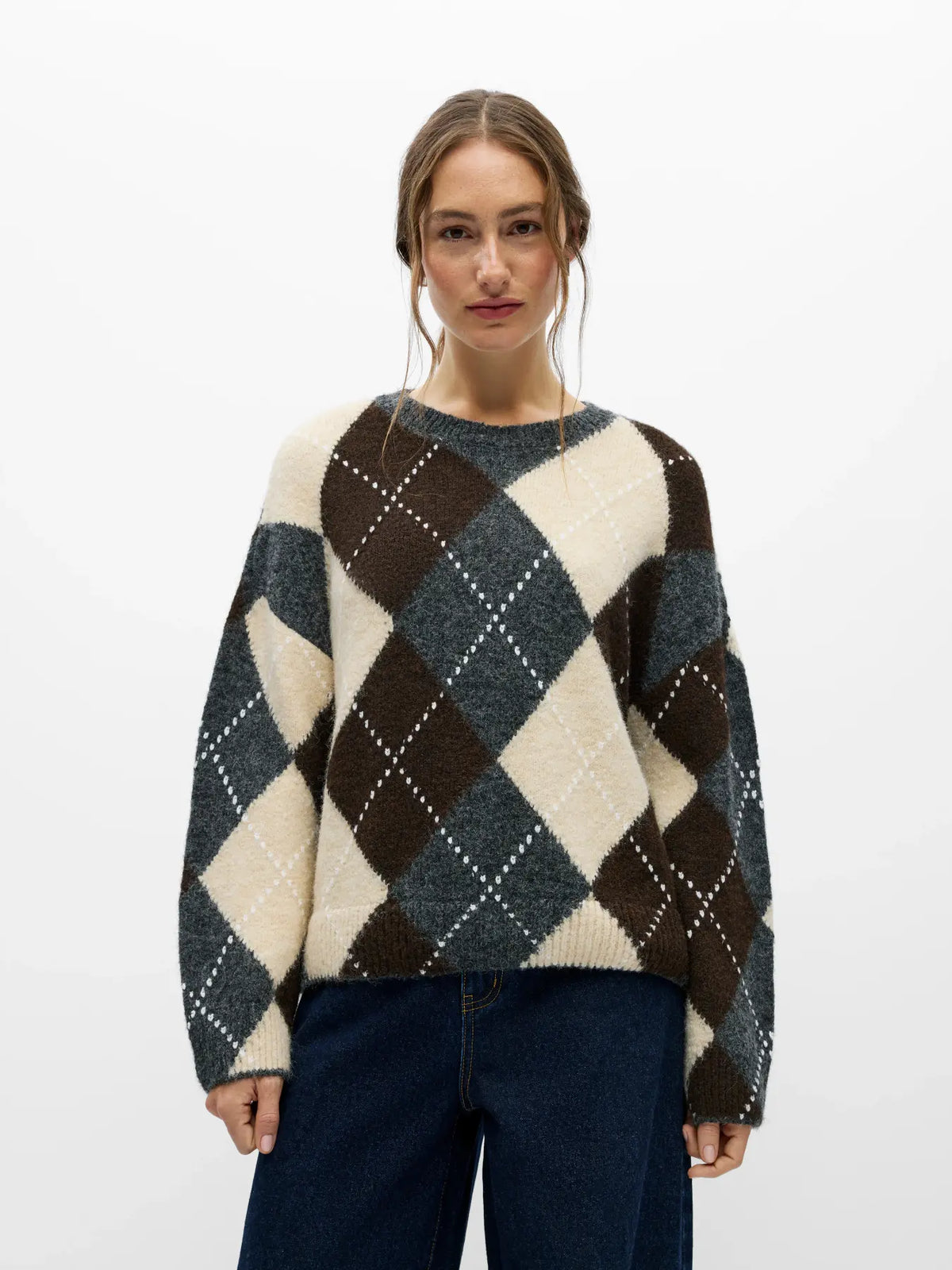 BRENDA LS LO O-NECK PULLOVER - Medium Grey Melange/Seal Brown