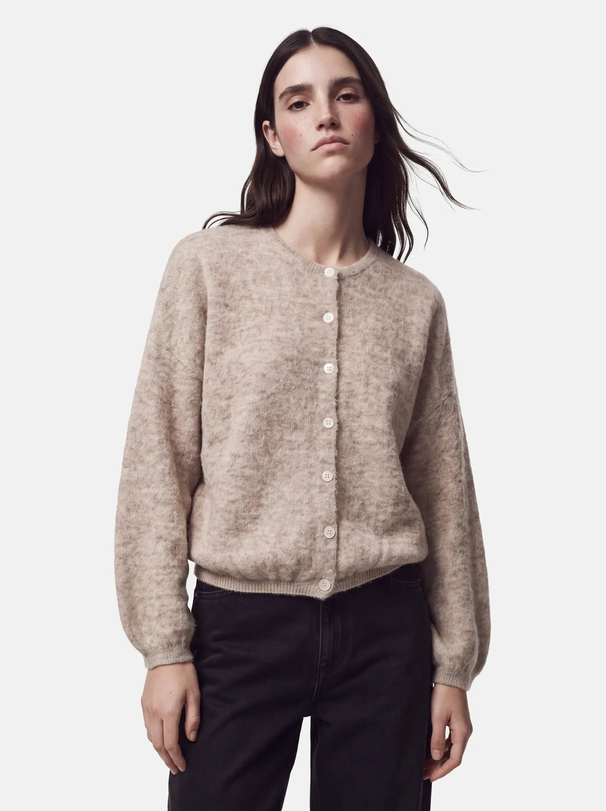 Allie LS O-neck Knit Cardigan - Greige Melange