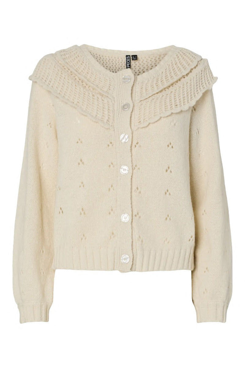 DAVIS LS O-NECK FRILL CARDIGAN - Cloud Dancer