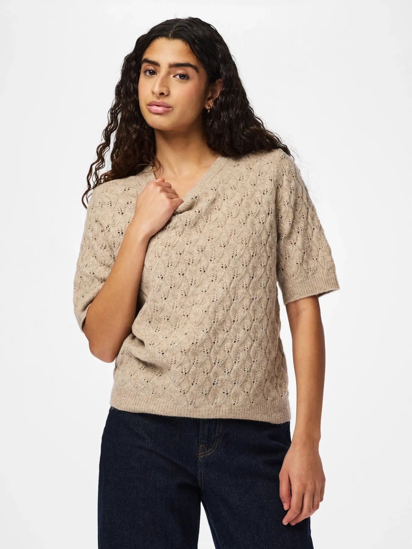 LELOU SS O-HALS KNIT - Taupe Grey MELANGE