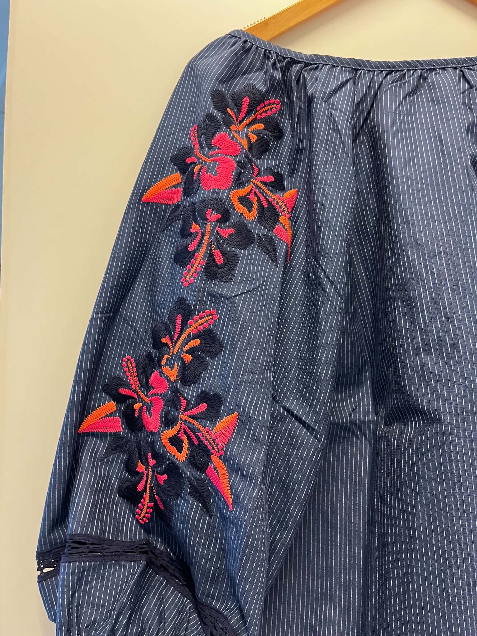 Striped Boheme Blouse w. Embrodery - Denim Blue